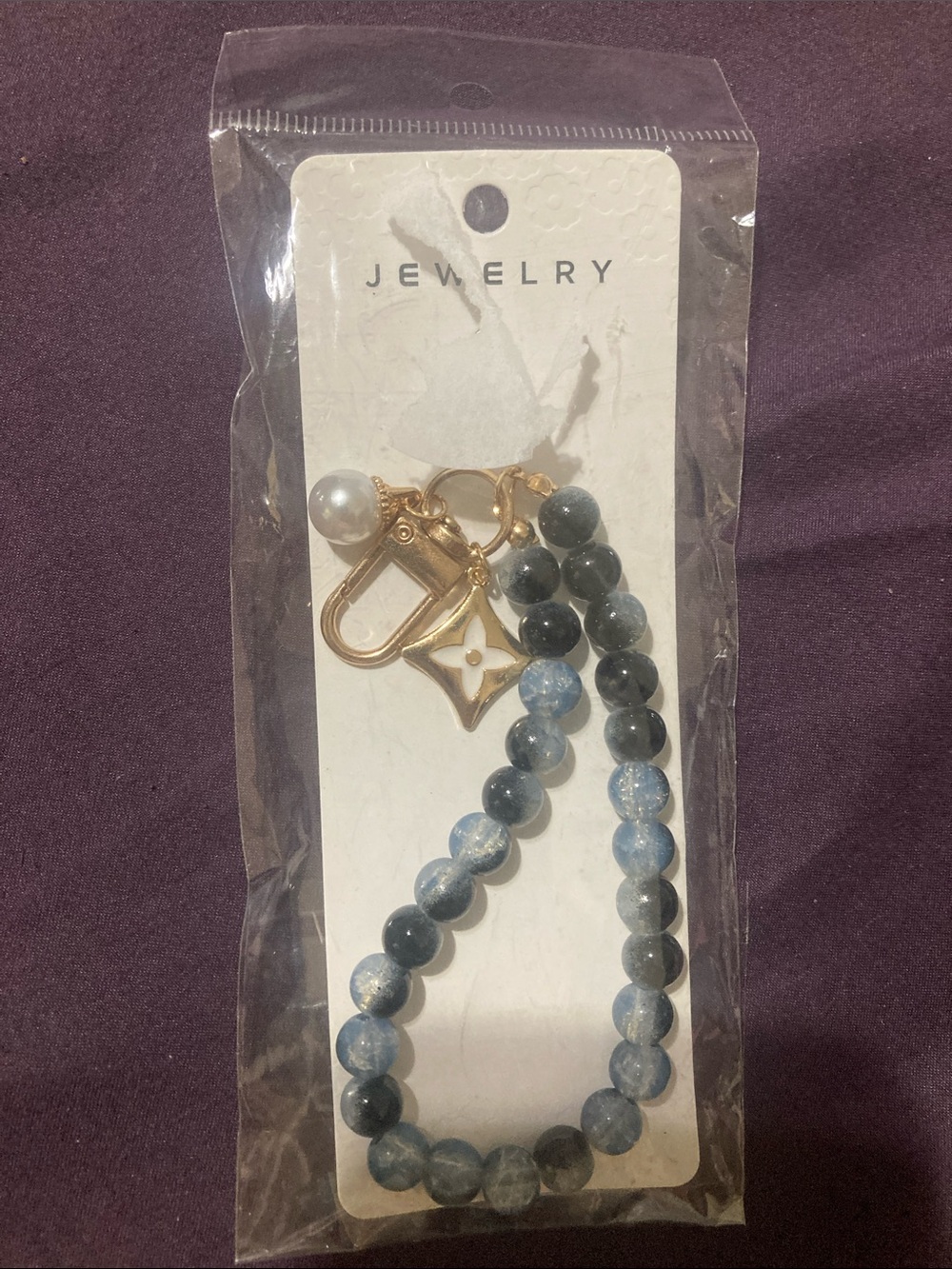 Blue Marbeled Bead Bracelet Keychain Decorative Designer Inspired Keyring NiB